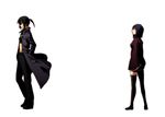  428 alphard bangs black_hair canaan coat hand_in_pocket liang_qi looking_at_another multiple_girls open_mouth pants ponytail rex_k short_hair simple_background thighhighs white_background zettai_ryouiki 