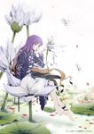  aka_ringo anklet barefoot cape dress feet flower gradient_hair hijiri_byakuren jewelry long_hair lotus lotus_pedestal minigirl multicolored_hair namesake on_flower petals pun purple_eyes sitting solo touhou 