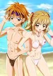  1girl abs ankoku_tiger beach bikini blonde_hair bracelet brown_eyes brown_hair couple day doumoto_kaito hetero highres jewelry lipstick_mark male_swimwear mermaid_melody_pichi_pichi_pitch nanami_lucia necklace official_style outdoors short_hair single_earring sunglasses swim_briefs swimsuit swimwear tongue v white_bikini 