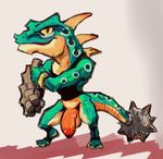  anthro balls big_penis bottomless clothed clothing daftpatriot flaccid half-dressed lizalfos looking_at_viewer male nintendo penis scalie shirt solo spines standing tank_top the_legend_of_zelda video_games 