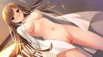  1girl aisaka_sarina areola_slip areolae bangs blush bottomless breasts brown_eyes brown_hair dress_shirt dutch_angle female from_below game_cg highres ikegami_akane imouto_no_okage_de_mote_sugite_yabai long_hair mound_of_venus naked_shirt navel no_panties open_clothes open_shirt pussy shirt solo uncensored 