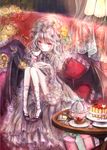  bat_wings cake cherry curtains drink flower food frilled_pillow frills fruit gift hair_flower hair_ornament heart high_heels highres himemurasaki knees_together parted_lips pillow red_eyes remilia_scarlet rose solo strawberry table tea touhou vampire veil white_hair wide_sleeves wings 