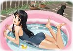  black_cat black_hair brown_eyes cat kamosikayasyamoji long_hair lying on_stomach one-piece_swimsuit open_mouth original school_swimsuit solo swimsuit wading_pool water 