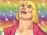  bad_id bad_pixiv_id bangs blonde_hair blunt_bangs closed_eyes collarbone commentary eyebrows fabulous fabulous_secret_powers he-man lips male_focus maou_alba masters_of_the_universe meme nose open_mouth portrait prince_adam rainbow_background shirt solo teeth vest white_shirt 
