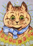  ambiguous_gender bow cat feline flower green_eyes headshot_portrait license_info louis_wain mammal plant portrait public_domain smile solo traditional_media_(artwork) whiskers 