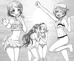  arm_grab arm_up ass ayase_eli backwards_hat baseball_cap beach bikini bow clothes_writing commentary flat_ass frilled_bikini frills greyscale hair_bow hat hoshizora_rin koizumi_hanayo leg_up long_hair looking_at_another looking_at_viewer love_live! love_live!_school_idol_project mitsurou monochrome multiple_girls one_eye_closed open_mouth ponytail sarong short_hair smile standing striped striped_bikini sunset swimsuit thigh_gap toujou_nozomi 