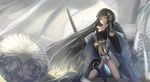  black_eyes black_hair highres katana kikivi long_hair oriental_umbrella original solo sword umbrella weapon 