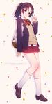  2015 backpack bag bangs black_hair blazer blush braid candy chinese_commentary commentary_request dated fangxiang_cuoluan food full_body hair_ornament hairclip highres jacket kneehighs loafers lollipop long_hair looking_at_viewer original parted_lips ponytail purple_eyes school_uniform shoes skirt solo sweater white_legwear 
