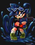  1boy artist_name bike_shorts black_eyes blue_hair domino_mask dragon_ball dragon_ball_z full_body ink_tank_(splatoon) inkling male_focus mask monster_boy nonana_(mikudrop) paint pointy_ears shoes signature smile sneakers solo son_goten splatoon_(series) splatoon_1 super_soaker tentacle_hair 