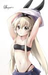  :o armpits arms_up artist_name blonde_hair breasts brown_eyes chestnut_mouth collarbone fuyu_mi hairband kantai_collection long_hair midriff navel pleated_skirt shimakaze_(kantai_collection) simple_background skirt small_breasts solo strapless strapless_swimsuit swimsuit swimsuit_under_clothes undressing white_background 