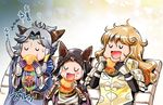  1girl 2boys :3 :d animal_ears armor belt blonde_hair blush_stickers cat_ears cloak closed_eyes drooling ears_through_headwear eating erune failure food granblue_fantasy hair_intakes hair_tubes hamburger holding hood hooded_cloak long_hair multiple_boys naoise open_mouth scathacha_(granblue_fantasy) seruel shuuko silver_hair smile translation_request 