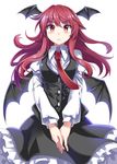  bat_wings blush breasts dress_shirt e.o. expressionless head_wings highres koakuma long_hair medium_breasts necktie red_eyes red_hair shirt simple_background skirt skirt_set solo touhou v_arms vest wings 