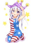  american_flag_dress american_flag_legwear blue_eyes blush clownpiece clownpiece_(cosplay) cosplay hat highres jester_cap kuzumomo long_hair mononobe_no_futo open_mouth pantyhose print_legwear seiza sitting sleeveless solo star striped striped_legwear touhou white_hair 