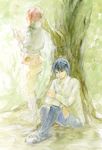  1girl blue_hair book boots fujita_yuuya himari_(maou_monogatari_monogatari) maou_monogatari_monogatari red_hair rudolf_(maou_monogatari_monogatari) sitting traditional_media tree watercolor_(medium) 
