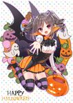  :d bad_id bad_pixiv_id bat_wings blush colored_stripes drill_hair ghost halloween happy_halloween horn idolmaster idolmaster_cinderella_girls jack-o'-lantern kanzaki_ranko long_hair looking_at_viewer night night_sky open_mouth outstretched_arms pumpkin red_eyes silver_hair sky smile solo striped striped_legwear thighhighs tsukigami_runa twin_drills twintails underbust v-shaped_eyebrows wings 