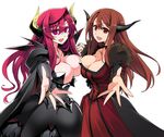  breast_press breasts bridal_gauntlets brown_hair cape choker cleavage commentary_request covered_navel demon_horns dual_persona holding_hands horns interlocked_fingers ishida_akira large_breasts long_hair looking_at_viewer maou_(maoyuu) maoyuu_maou_yuusha multiple_girls open_mouth pink_eyes promotional_art reaching_out red_eyes red_hair shoulder_pads smile symmetrical_docking 