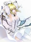  armpits artoria_pendragon_(all) blonde_hair detached_sleeves dress fate/stay_night fate/unlimited_codes fate_(series) gloves green_eyes kanameyura saber saber_lily skirt solo sword weapon 