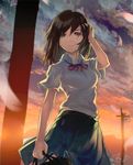  artist_name bad_id bad_pixiv_id bag brown_eyes brown_hair cloud cloudy_sky dress_shirt expressionless highres m.b original pleated_skirt school_bag school_uniform shirt short_hair short_sleeves signature skirt sky solo sunset telephone_pole 