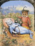  anthro barefoot brown_fur castle cat clothed clothing dagger dress duo eyes_closed feline female flower fur hat license_info louis_wain low_res lying male mammal melee_weapon on_back open_mouth outside pillow plant public_domain sky sleeping standing traditional_media_(artwork) weapon whiskers white_fur 