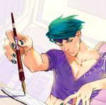  avicy blue_nails crop_top diamond_wa_kudakenai dutch_angle earrings foreshortening from_below green_hair jewelry jojo_no_kimyou_na_bouken kishibe_rohan male_focus multicolored multicolored_eyes nail_polish pen shirt solo t-shirt 