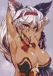  alternate_color alternate_skin_color animal_ear_fluff animal_ears areola_slip areolae armpits arms_behind_head blue_eyes breasts cleavage commentary_request dark_areolae dark_skin erune gold_trim granblue_fantasy grey_hair hairband heles highres large_breasts long_hair looking_at_viewer purple_background simple_background solo sweat translated wakura_(gcdan) yellow_eyes 