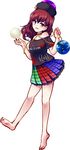  bare_shoulders barefoot chain clothes_writing collar earth_(ornament) hat hecatia_lapislazuli highres long_hair moon_(ornament) multicolored multicolored_clothes multicolored_skirt open_mouth polos_crown red_eyes red_hair shirt skirt smile solo t-shirt touhou uranaishi_(miraura) 