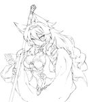  animal_ears armor armored_dress bangs bracer braid breasts cat_ears cleavage covered_navel erune granblue_fantasy greyscale hair_between_eyes hair_tubes headband heles holding holding_weapon large_breasts long_hair monochrome polearm shoulder_pads simple_background single_braid solo spear spikes traditional_media tsurime upper_body weapon white_background worldless_heart 