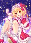  :d blonde_hair bobby_socks bunny capelet choker fang flandre_scarlet fur_trim hat looking_at_viewer mary_janes open_mouth plaid red_eyes ribbon riichu shoes short_hair side_ponytail sitting smile socks solo touhou wings 