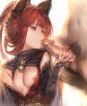  1girl animal_ears aos backlighting bangs blunt_bangs breast_slip breasts breasts_outside bridal_gauntlets brooch cape censored commentary_request detached_sleeves dress elbow_gloves erection erune eyelashes fellatio fingernails gloves granblue_fantasy hetero jewelry lips long_hair looking_at_another looking_to_the_side male_pubic_hair mosaic_censoring navel nipples no_bra oral penis penis_grab penis_kiss ponytail pubic_hair purple_eyes red_dress red_hair selfira sleeveless sleeveless_dress small_breasts testicles 
