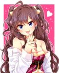  :3 :d bad_id bad_pixiv_id bare_shoulders blue_eyes breasts brown_hair cleavage earrings finger_to_mouth ichinose_shiki idolmaster idolmaster_cinderella_girls jewelry long_hair medium_breasts off_shoulder open_mouth restaint smile solo two_side_up upper_body 