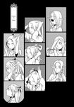  braid braiding_hair choker closed_eyes comb dungeon_meshi elf greyscale hairdressing highres kui_ryouko marcille monochrome official_art open_eyes pointy_ears sequential sleepy smile tearing_up yawning 