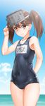  adjusting_clothes adjusting_hat blue_swimsuit brown_hair byeontae_jagga flat_chest hat highres kantai_collection long_hair one-piece_swimsuit ryuujou_(kantai_collection) school_swimsuit shiny shiny_clothes solo swimsuit twintails visor_cap 