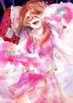 bed brown_eyes brown_hair colorful glasses long_sleeves low_twintails no_hat no_headwear open_mouth pill pillow plaid red-framed_eyewear ribbon school_uniform shirt short_hair skirt smile solo sooru0720 touhou twintails usami_sumireko 