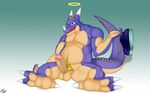  2015 anthro balls belly big_balls big_penis blonde_hair chubby dragon dragon_ball dragon_ball_z feet hair halo horn invalid_tag inviting looking_at_viewer male maraikoh musclegut muscular nude penis precum pubes purple_scales scales scalie seyrmo simple_background sitting solo toes 