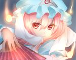  fan hat mob_cap mouth_hold nagare pink_hair red_eyes saigyouji_yuyuko solo touhou triangular_headpiece upper_body 