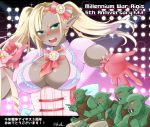  1girl 4boys :d alternate_costume alternate_hairstyle anatolia_(sennen_sensou_aigis) anniversary aqua_eyes bad_arm blonde_hair blush bow breasts cleavage copyright_name dark_skin facial_scar fangs gaijin_4koma gloves green_skin hair_bow hal_(harun) holding holding_microphone huge_breasts idol leather_armor looking_at_viewer microphone multiple_boys open_mouth orc pink_bow pink_gloves pointy_ears red_eyes scar sennen_sensou_aigis sitting smile standing translation_request twintails upper_body 