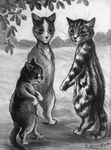  ambiguous_gender biped cat digitigrade eyewear feline greyscale group leaf license_info louis_wain low_res mammal monochrome monocle nude outside public_domain semi-anthro signature size_difference standing traditional_media_(artwork) whiskers 
