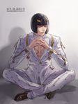  2015 bad_id bad_pixiv_id bangs black_hair blunt_bangs bob_cut brown_footwear bruno_buccellati buttons character_name dated elbows_on_knees formal full_body hair_ornament hairclip hands_clasped highres indian_style interlocked_fingers jacket jojo_no_kimyou_na_bouken karita_(kali_lgk) long_sleeves looking_away looking_to_the_side male_focus own_hands_together pants purple_eyes shadow shoes sitting solo suit twitter_username zipper 