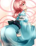  ass bent_over blue_dress dress fingers_to_mouth japanese_clothes kimono long_sleeves looking_at_viewer nagare no_hat no_headwear pink_eyes pink_hair saigyouji_yuyuko sash solo touhou wide_sleeves 