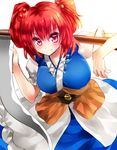  belt blue_dress breasts dress hair_bobbles hair_ornament large_breasts looking_at_viewer nagare onozuka_komachi pink_eyes puffy_short_sleeves puffy_sleeves red_hair sash scythe shirt short_sleeves smile solo touhou two_side_up 