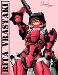  adriano_lima all_you_need_is_kill arm_behind_back arm_up derivative_work huge_weapon orange_hair over_shoulder power_armor power_suit red_eyes rita_vrataski solo typo visor weapon weapon_over_shoulder 
