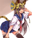  ;d animal_ears bad_id bad_pixiv_id bastet_(p&amp;d) black_legwear blush brown_hair cat_ears cat_tail dark_skin egyptian fang green_eyes jewelry long_hair looking_at_viewer one_eye_closed open_mouth pleated_skirt puzzle_&amp;_dragons school_uniform serafuku silver_(chenwen) sketch skirt smile solo tail thighhighs v w zettai_ryouiki 