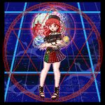  bare_shoulders chain clothes_writing collar earth_(ornament) hat hecatia_lapislazuli hexagram long_hair lowres makoto-k miniskirt moon_(ornament) multicolored multicolored_clothes multicolored_skirt open_mouth pixel_art polos_crown red_eyes red_hair sandals shirt skirt smile solo star_of_david t-shirt touhou 