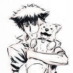  1boy black_&amp;_white bryan_konietzko cowboy_bebop dog ein_(cowboy_bebop) hug leash popped_collar sketch smile spike_spiegel upper_body 