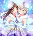  aireenhp anastasia_(idolmaster) bare_shoulders blue_eyes breasts brown_eyes brown_hair dress elbow_gloves gloves hat idolmaster idolmaster_cinderella_girls long_hair love_laika multiple_girls nitta_minami open_mouth pantyhose pure_white_memories short_hair silver_hair small_breasts smile 