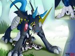  alternate_color anal anal_penetration anthro anthro_on_feral armor ass_up backsack balls barefoot bestiality big_dom_small_sub blue_penis butt cutaway digimon digital_media_(artwork) duo erection feral forest gabumon horn huge_penetration interspecies knot lying male male/male on_front open_mouth outside pelt penetration penis perineum quadruped raidramon scalie signature size_difference tapering_penis tree trooper036 