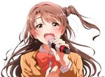  :d bad_id bad_pixiv_id blazer brown_eyes brown_hair idolmaster idolmaster_cinderella_girls jacket long_hair microphone one_side_up open_mouth restaint s(mile)ing! school_uniform shimamura_uzuki simple_background smile solo tears upper_body white_background 