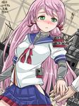  admiral_(kantai_collection) akashi_(kantai_collection) bandana blush green_eyes hair_ribbon hip_vent kantai_collection long_hair out_of_frame pink_hair ribbon school_uniform serafuku skirt solo_focus sweatdrop tress_ribbon tsuwabuki-san 