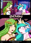  2015 bed blush clothed clothing comic dialogue dragk duo english_text equine female feral friendship_is_magic green_eyes green_hair hair hi_res horn human inside kid_icarus long_hair looking_at_viewer mammal multicolored_hair my_little_pony open_mouth palutena princess_celestia_(mlp) text winged_unicorn wings 
