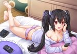  :d bare_legs barefoot black_hair bow bow_panties brand_name_imitation breasts cellphone cleavage collarbone feet full_body gen_1_pokemon hand_on_own_cheek handheld_game_console indoors kazenokaze leg_up long_hair long_sleeves lying medium_breasts nintendo_ds off_shoulder on_bed on_stomach open_mouth original panties phone pillow pink_panties playstation_portable pokemon pokemon_(creature) red_eyes sidelocks smartphone smile snorlax solo stuffed_animal stuffed_toy sweater the_pose underwear 